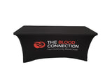 Buy durable and wrinkle-free stretchy spandex custom stretch table covers printed with your logo or design for 4', 5', 6', and 8' tables. Get free shipping, a full-color dye sublimation logo imprint, all-over printing, free PMS brand color matching, and factory direct pricing when you order at WoW Imprints. Spandex table covers are available in water-proof, stain-resistant, and flame-retardant fabric options. These stretchy table covers are easy to care for and machine washable.