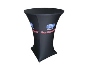 Shop now for round form fitting table covers for 29" standard and 42' high cocktail tables at factory direct prices. Get high resolution full color logo, all over printing, PMS brand color match, and fast delivery.