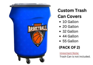 Wrap up your garbage cans with your company branding. Our 10, 20, 32, 44 ,55 gallon, custom trash can covers are fully customized with your business logo, texture, and brand colors. Made of 180 GSM stretchy spandex fabric, it wraps all around the outside of the trash can, is open on the top and bottom, and is sewn with elastic bands for easy setup and removal. With our full color dye sublimation printing, the graphics are infused into the fabric, which looks high definition, vivid and eye catching.