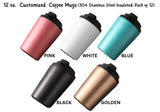 Get wholesale prices on our high-quality UV-printed 12 oz. personalized insulated coffee mugs at WoW Imprints. Customize these coffee mugs with your company logo and design. Made of high-quality 304 stainless steel that is durable, rust-resistant, and very easy to clean. The double-walled insulation keeps your beverages hot or cold for hours. The leak-proof PP+silicon lid seals the mug tightly, which avoids leaks or spills when you travel.