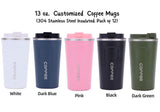 Get wholesale prices on our high-quality UV-printed 13 oz. personalized insulated coffee mugs at WoW Imprints. Customize these coffee mugs with your company logo and design. Made of high-quality 304 stainless steel that is durable, rust-resistant, and very easy to clean. The double-walled insulation keeps your beverages hot or cold for hours. The leak-proof PP+silicon lid seals the mug tightly, which avoids leaks or spills when you travel.