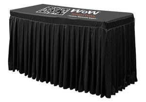 Order branded 6' and 8' full-color fitted table skirts with your company logo at factory direct pricing (cheapest pricing guaranteed). These custom table skirts come attached to a top so that you don't have to worry about purchasing a table topper or the table clips separately.