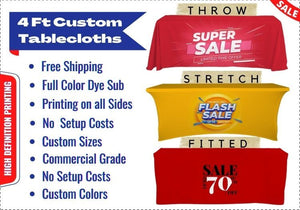 Our dye sublimation, full color print, 4 ft custom tablecloths are available in a variety of styles and custom sizes. Order premium 4' table covers with logo at low prices. 4 foot customized table cloths are a must for your table display at business events, trade shows, schools, universities, churches, seminars, small business expos, conferences, corporate meetings, product launches, farmers markets.