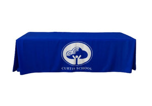 Order a perfectly shaped, fitted table covering printed with your company logo in either a 3 sided or a 4 sided option for 4 ft, 5 ft, 6 ft, 8 ft, and custom size tables. These custom fitted table covers are printed, cut, and sewn exactly to your table dimensions and are designed for an excellent fit on your display tables.