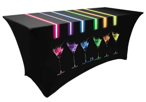 Order a 230 gsm or a 320 gsm premium 4ft promotional spandex tablecloth with your company logo in one or full color printing in a 3 sided or 4 sided table covering option for your trade show booth tables. These 4' elastic table covers can be fully personalized with your branding (company logo, texts, graphics, and brand colors). 