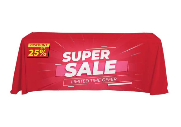 Factory direct pricing (lowest pricing guaranteed) on our premium 6 foot custom printed table throws with your logo printed in full color (edge to edge). This best selling loose 6' throw table cloth has been the most preferred option for trade shows, as it is more adaptable and can be used on multiple sized tables.