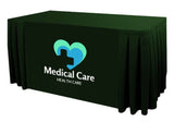 Today's sale on custom printed table skirts with your company logo in a professional box pleat style for 4 ft, 5 ft, 6 ft, and 8 ft tables. With our high definition full color table skirt printing, you will love the high definition print quality and clarity of the printed table skirts. These table skirts are made of 6 oz. commercial smooth finish poly poplin fabric and are available for purchase in 60 stock fabric colors.