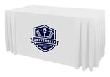 Promotional table skirts, box pleat style, customized with your branding (company logo, text, and brand color) is highly recommended for your business events (trade shows, small business expos, churches, schools, conferences, corporate meetings, DJ events, seminars, product launches, and farmers markets) to get noticed and be remembered.