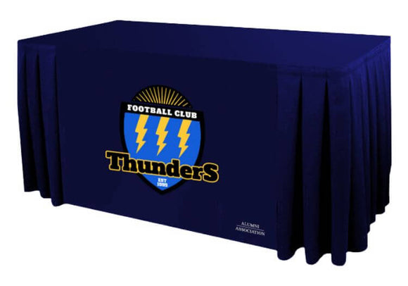 Promotional table skirts, box pleat style, customized with your branding (company logo, text, and brand color) is highly recommended for your business events (trade shows, small business expos, churches, schools, conferences, corporate meetings, DJ events, seminars, product launches, and farmers markets) to get noticed and be remembered.