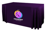 Today's sale on custom printed table skirts with your company logo in a professional box pleat style for 4 ft, 5 ft, 6 ft, and 8 ft tables. With our high definition full color table skirt printing, you will love the high definition print quality and clarity of the printed table skirts. These table skirts are made of 6 oz. commercial smooth finish poly poplin fabric and are available for purchase in 60 stock fabric colors.