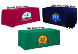 Today's sale on custom printed table skirts with your company logo in full color is available in a variety of styles, including shirred, box pleat, and flat table wraps for 4 ft, 5 ft, 6 ft, and 8 ft tables. These custom printed table skirts are made of 6 oz. commercial smooth finish poly poplin fabric and are available for purchase in 60 stock fabric colors.