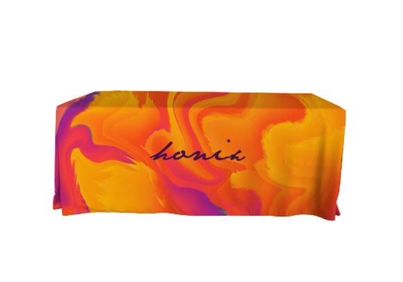 Today's sale on commercial grade 8ft custom fitted table covers with full color print. Custom printed logo tablecloths are highly recommended for your business branding at professional and promotional events (trade shows, exhibitions, small business expos, schools, conferences, corporate meetings, seminars, product launches and farmers markets).