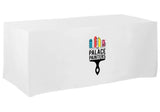 Today's sale on custom printed table skirt with company logo in the new and trendy flat wrap style for 4 ft, 5 ft, 6 ft, and 8 ft tables. With our high definition full color table skirt printing, you will love the high definition print quality and clarity of the printed table skirts. These table skirts are made of 6 oz. commercial smooth finish poly poplin fabric and are available for purchase in 60 stock fabric colors.