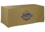 Today's sale on custom printed table skirt with company logo in the new and trendy flat wrap style for 4 ft, 5 ft, 6 ft, and 8 ft tables. With our high definition full color table skirt printing, you will love the high definition print quality and clarity of the printed table skirts. These table skirts are made of 6 oz. commercial smooth finish poly poplin fabric and are available for purchase in 60 stock fabric colors.