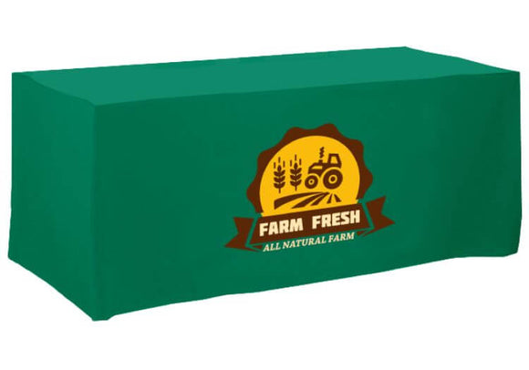 Promotional table coverings, flat style, customized with your branding (company logo, text, and brand color) is highly recommended for your business events (trade shows, small business expos, churches, schools, conferences, corporate meetings, DJ events, seminars, product launches, and farmers markets) to get noticed and be remembered.