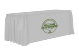 Today's sale on custom printed table skirts with your company logo in shirred style pleats for 4 ft, 5 ft, 6 ft, and 8 ft tables. With our high definition full color table skirting on the front panel, you will love the high definition print quality and clarity. These table skirts are made of 6 oz. commercial smooth finish poly poplin fabric and are available for purchase in 60 stock fabric colors.