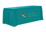 Today's sale on custom printed table skirts with your company logo in shirred style pleats for 4 ft, 5 ft, 6 ft, and 8 ft tables. With our high definition full color table skirting on the front panel, you will love the high definition print quality and clarity. These table skirts are made of 6 oz. commercial smooth finish poly poplin fabric and are available for purchase in 60 stock fabric colors.