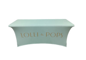 Promotional all over print 4' spandex table covers to advertise your business at trade shows, small business expos, schools, churches, conferences, corporate meetings, seminars, product launches, DJ events, and farmers markets). 