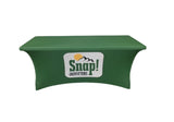Today's sale on commercial grade 5ft custom stretch table covers with logo. Custom printed spandex tablecloth branded with your company logo for display at promotional events (trade shows, small business expos, schools, conferences, corporate meetings, seminars, product launches and farmers markets).